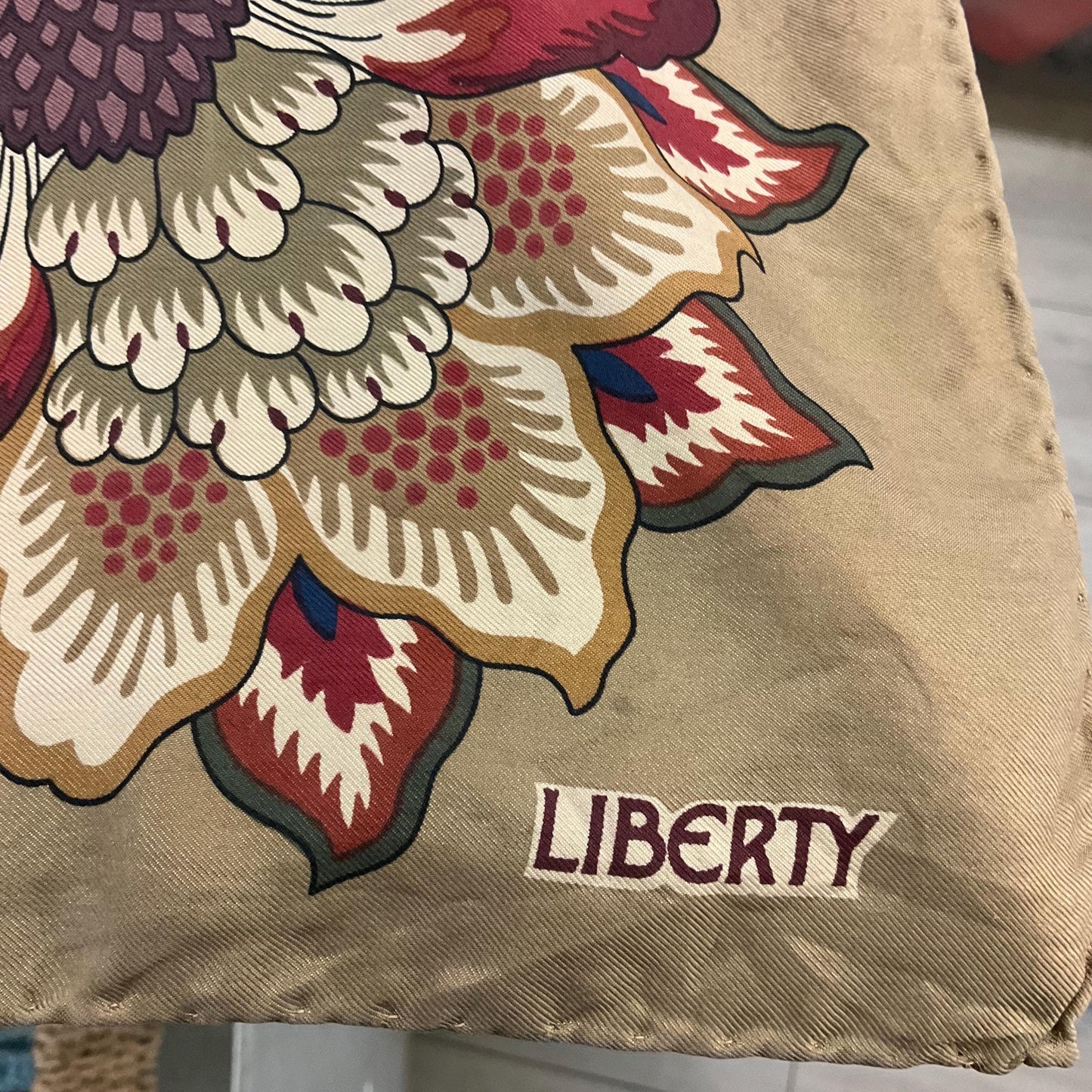 Vintage Liberty of London Large Floral Pure Silk Scarf, autumnal shades with rich gold background, hand rolled