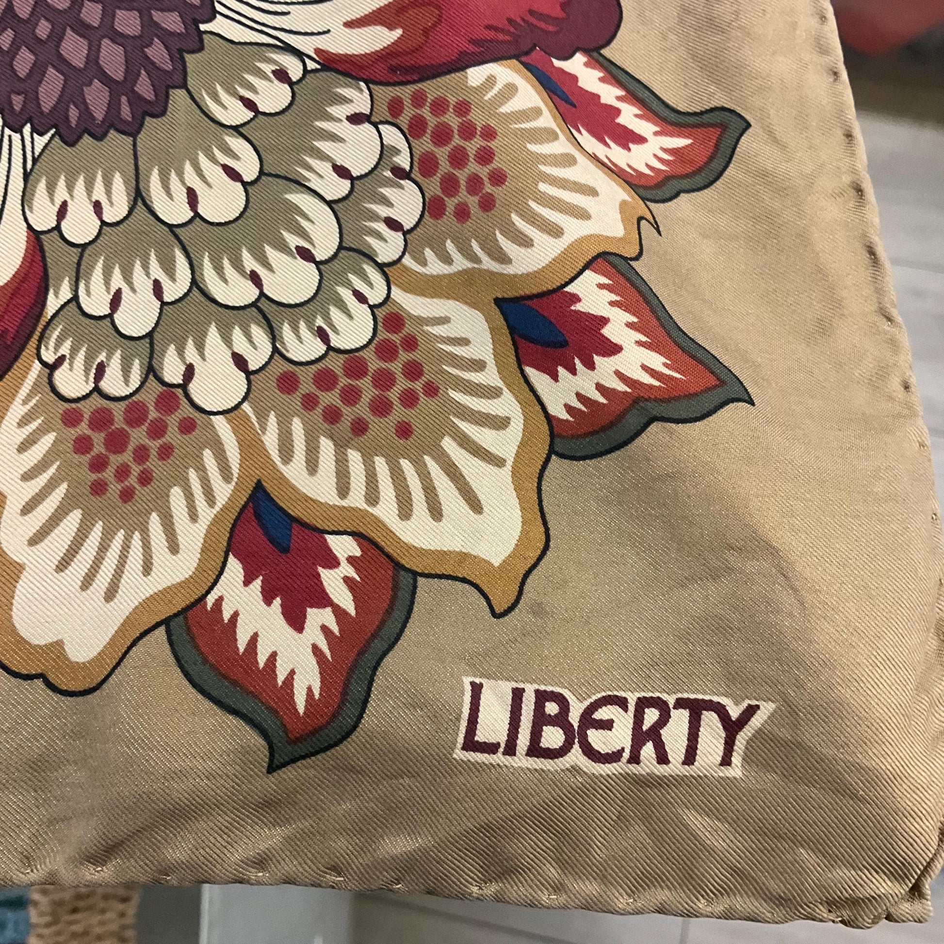 Vintage Liberty of London Large Floral Pure Silk Scarf, autumnal shades with rich gold background, hand rolled