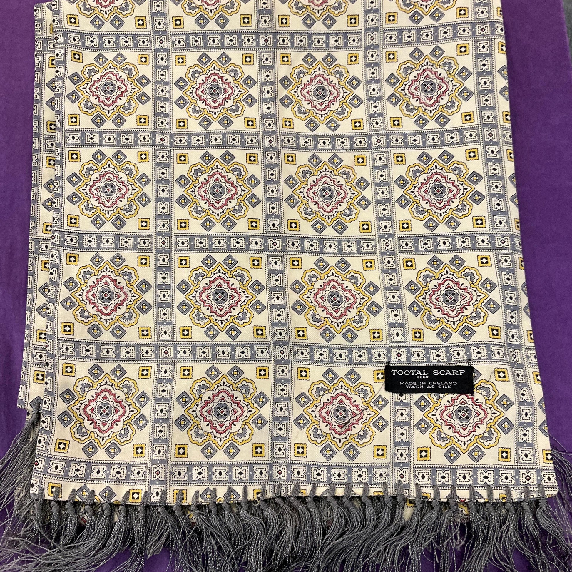 Vintage Mid Century Tootal Fine wool gents fringed scarf, Geometric Paisley print in red and greys onto cream background