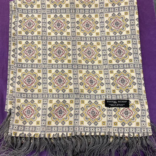 Vintage Mid Century Tootal Fine wool gents fringed scarf, Geometric Paisley print in red and greys onto cream background