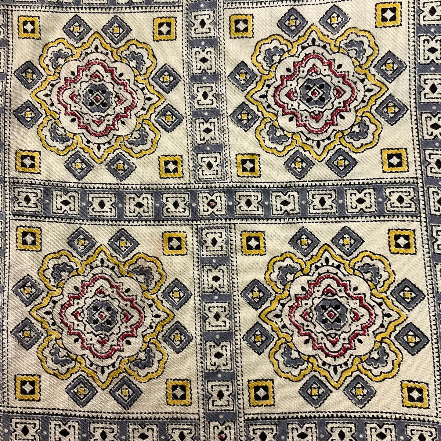 Vintage Mid Century Tootal Fine wool gents fringed scarf, Geometric Paisley print in red and greys onto cream background