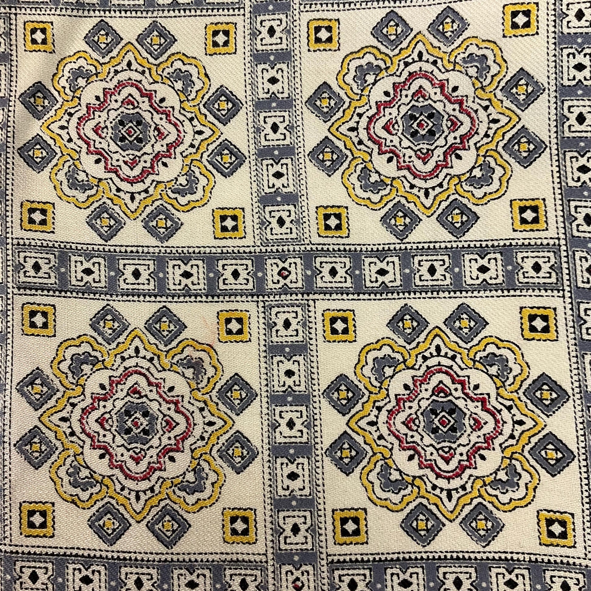 Vintage Mid Century Tootal Fine wool gents fringed scarf, Geometric Paisley print in red and greys onto cream background