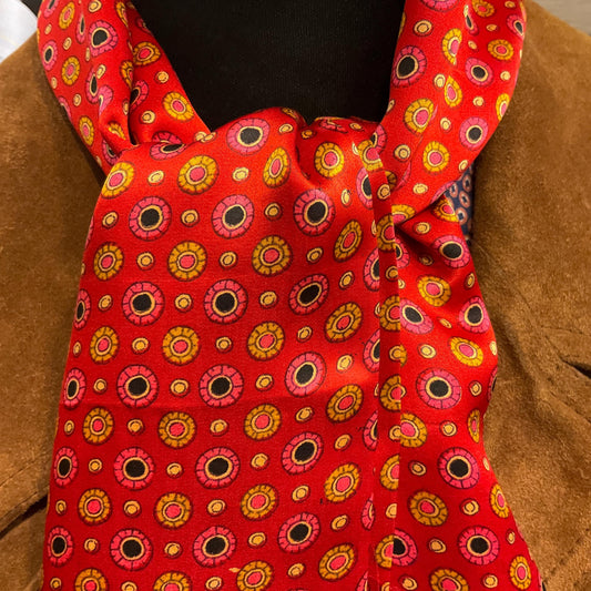 Vintage pure Silk Gents Dress Finged Scarf, vibrant circular print in shades of red, gold, pink and black