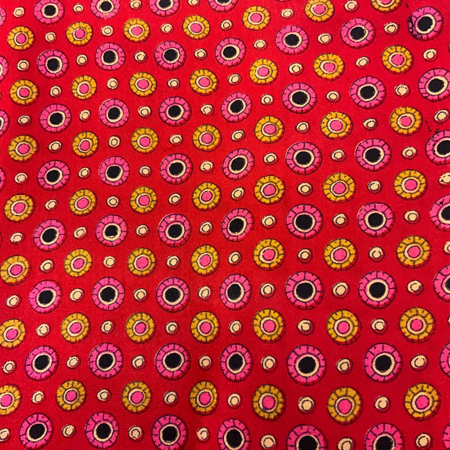 Vintage pure Silk Gents Dress Finged Scarf, vibrant circular print in shades of red, gold, pink and black