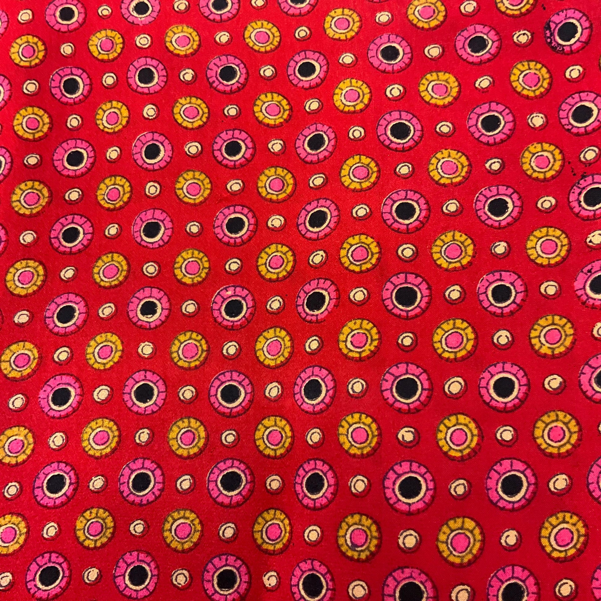 Vintage pure Silk Gents Dress Finged Scarf, vibrant circular print in shades of red, gold, pink and black