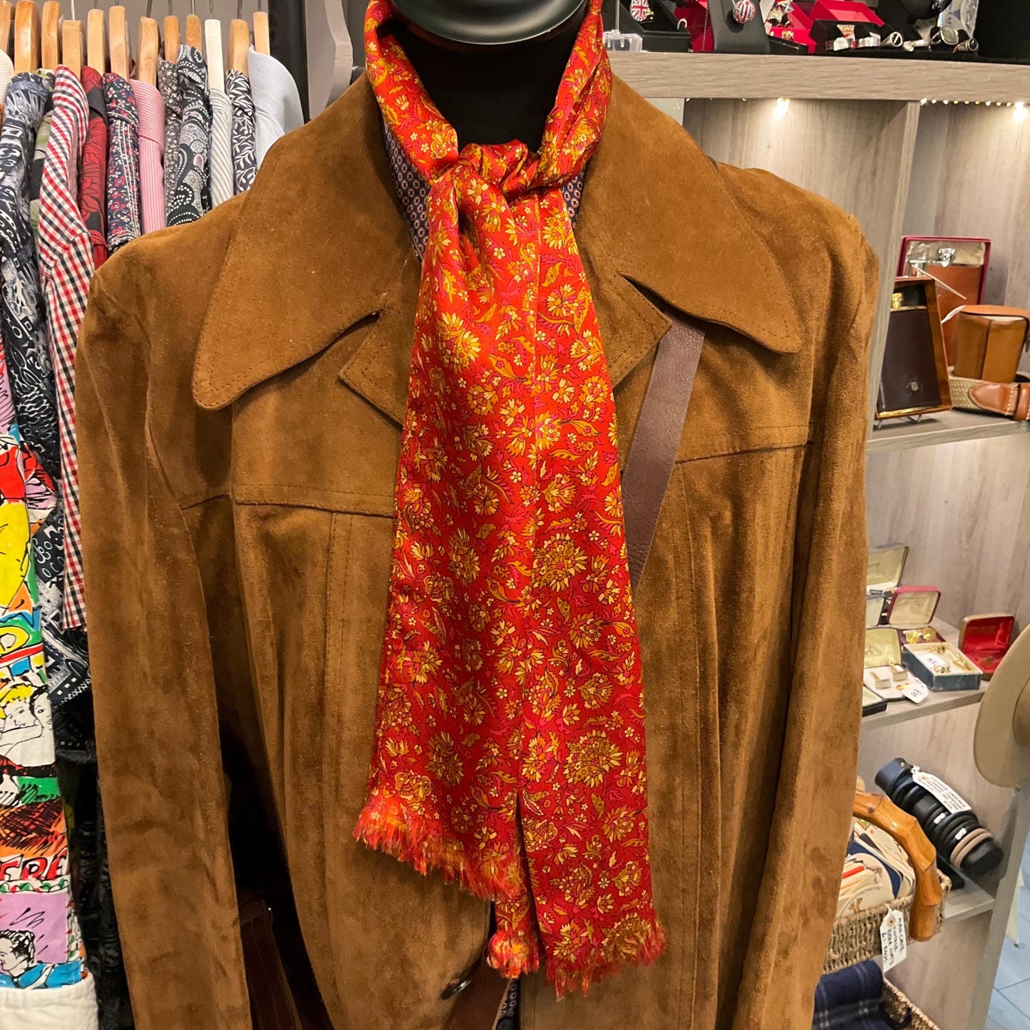 Vintage Indian Pure Silk Floral Gents Dress Fringed Scarf, Rich Red with gold flowers