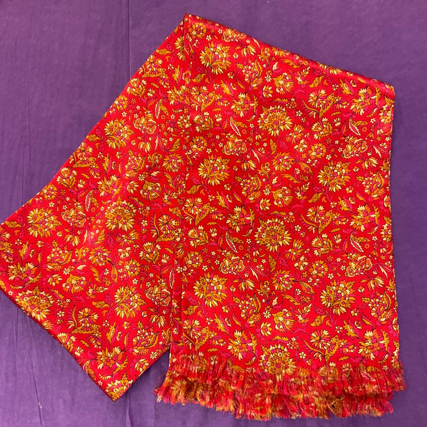 Vintage Indian Pure Silk Floral Gents Dress Fringed Scarf, Rich Red with gold flowers
