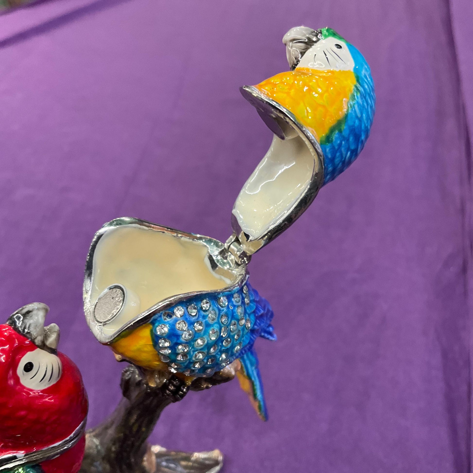 Vintage Fabergé Style Parrots Trinket Box, Multicoloured Enamel with silver and Green rhinestone crystals