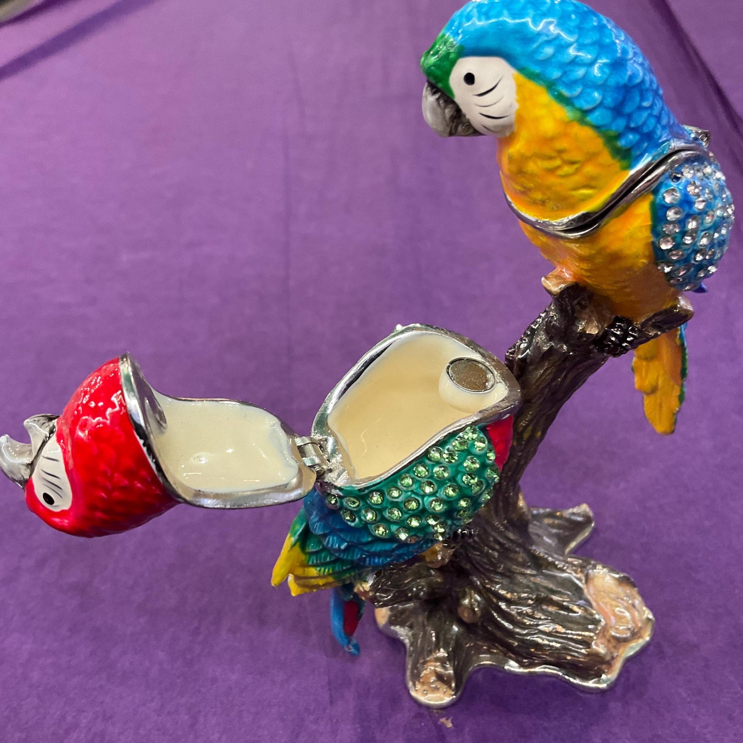 Vintage Fabergé Style Parrots Trinket Box, Multicoloured Enamel with silver and Green rhinestone crystals