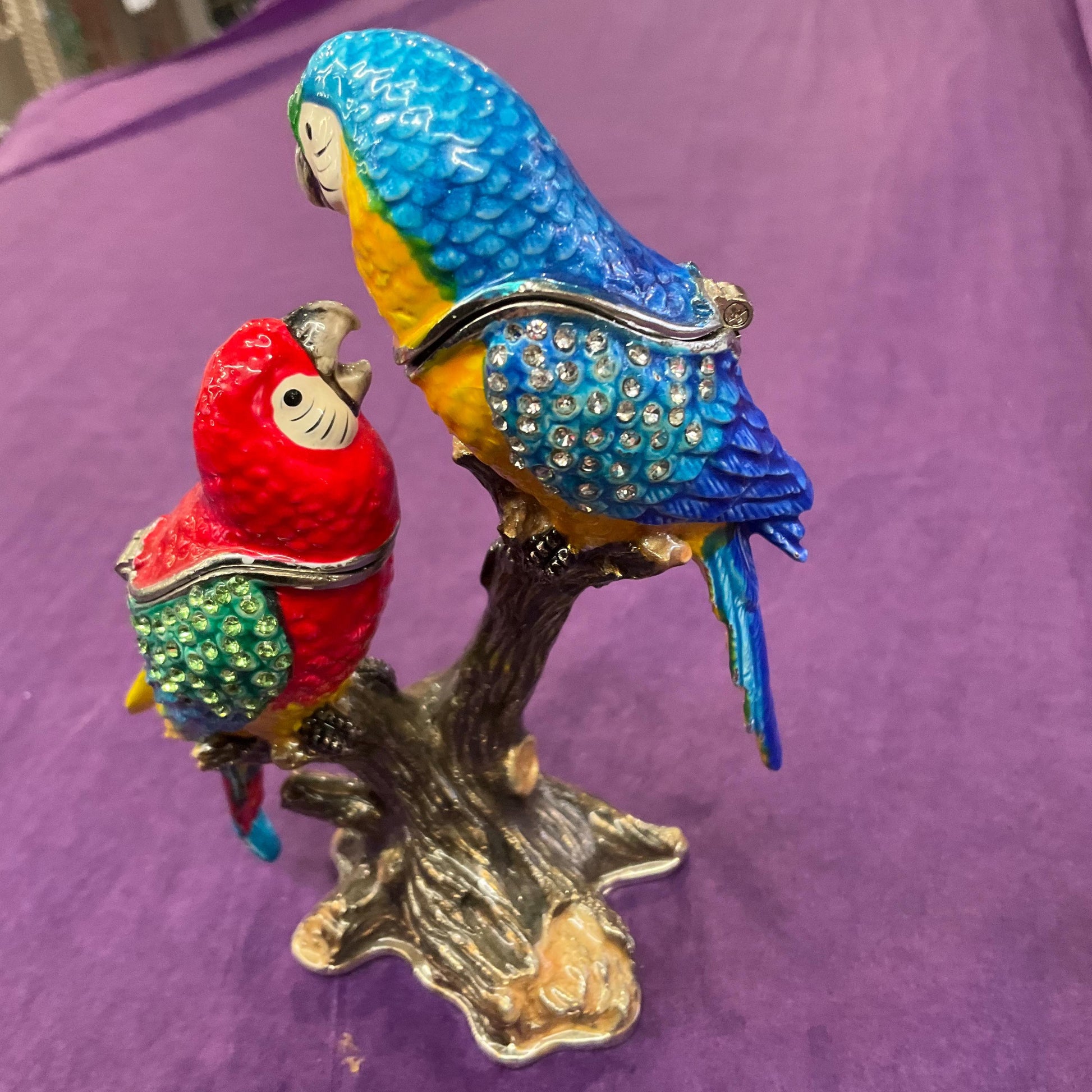 Vintage Fabergé Style Parrots Trinket Box, Multicoloured Enamel with silver and Green rhinestone crystals