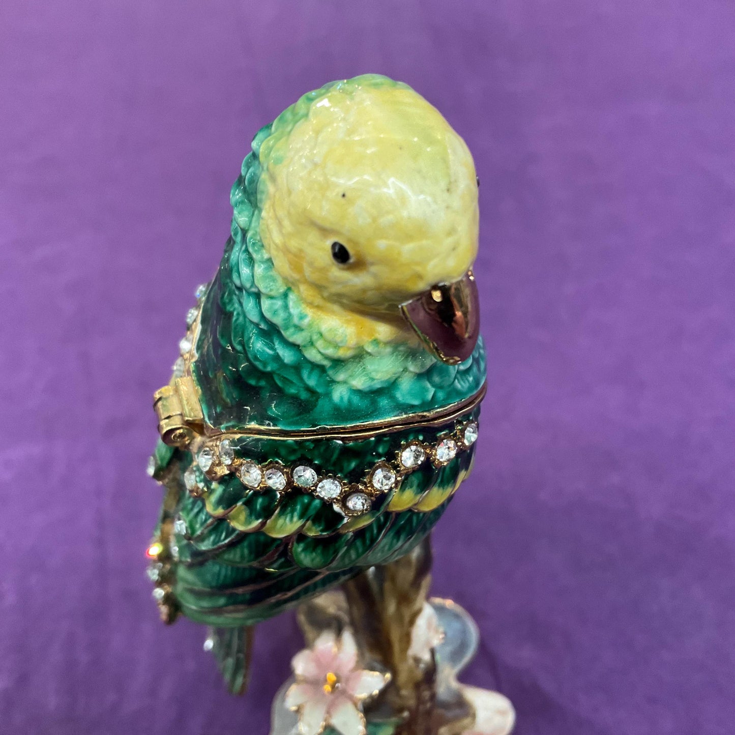 Vintage Fabergé Style Green Budgerigar Trinket Box, Multicoloured Enamel with Silver Rhinestone Crystals