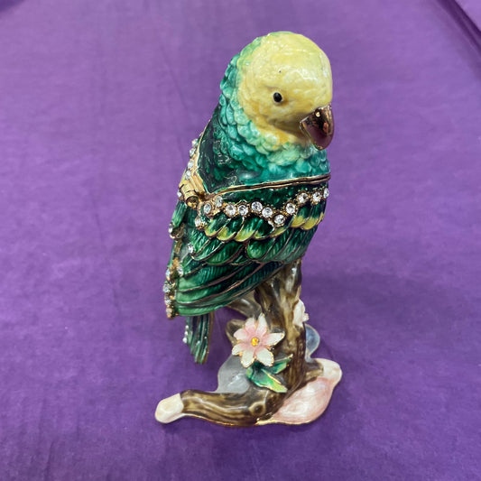 Vintage Fabergé Style Green Budgerigar Trinket Box, Multicoloured Enamel with Silver Rhinestone Crystals