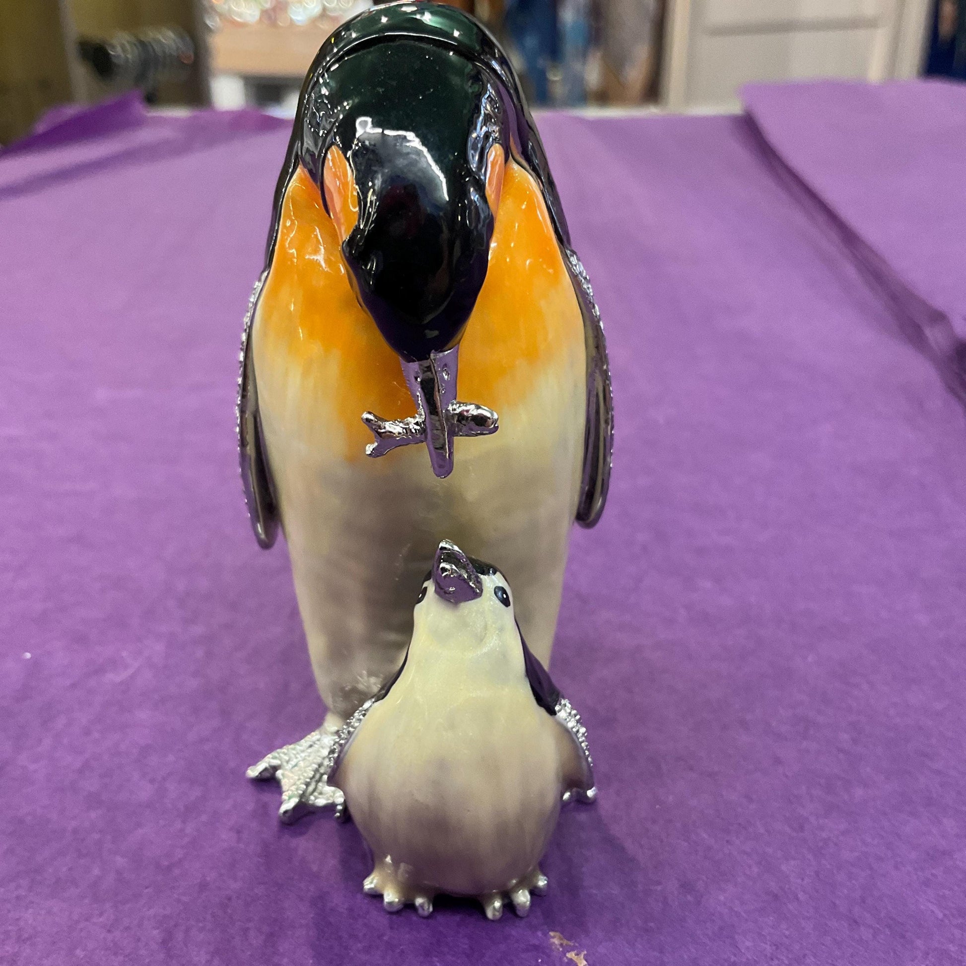 Vintage Fabergé Style Penguin and Chick Trinket Box, Silver tone metal with coloured enamel and rhinestone crystals
