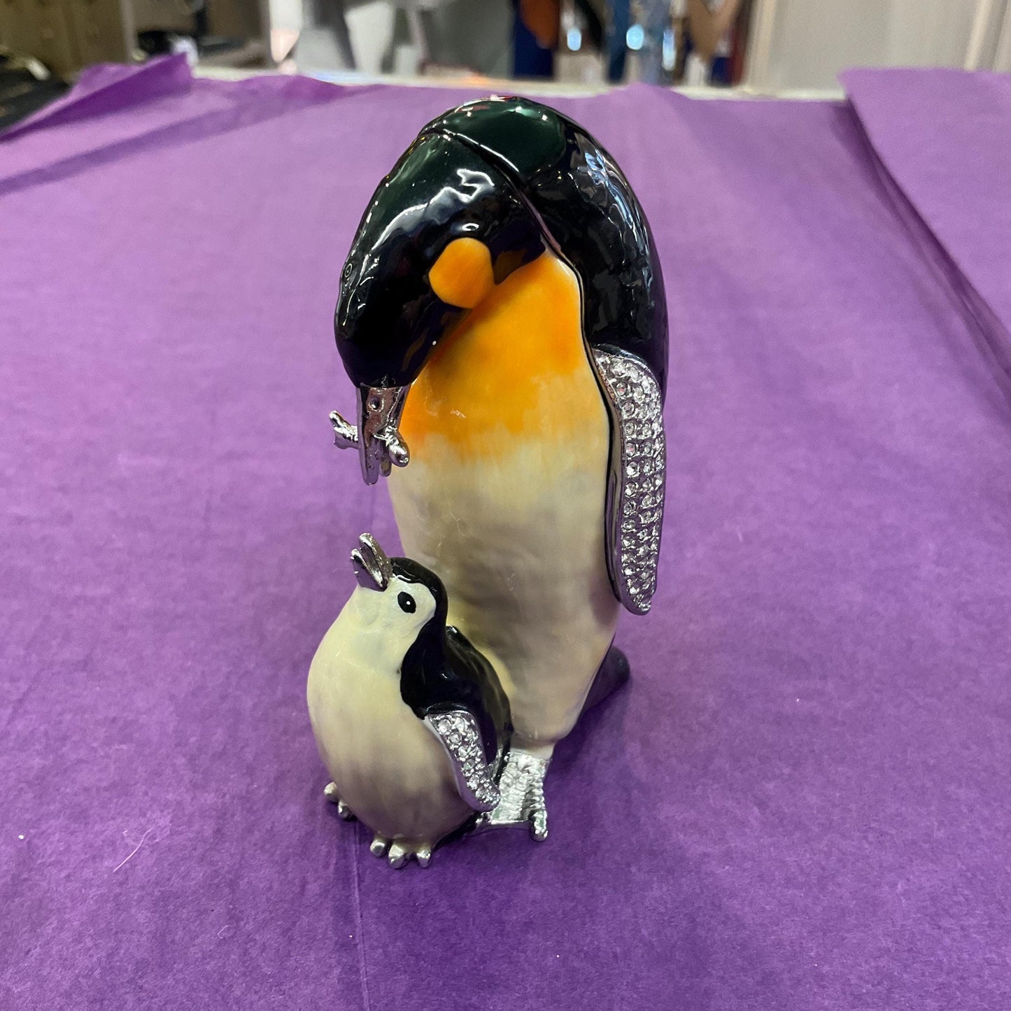 Vintage Fabergé Style Penguin and Chick Trinket Box, Silver tone metal with coloured enamel and rhinestone crystals