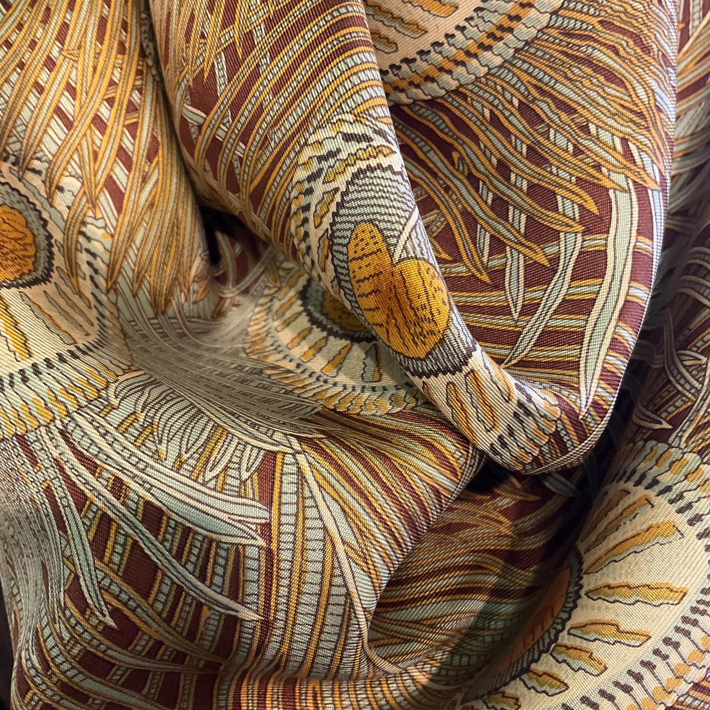 Vintage Liberty of London ‘Hera’ Peacock Feather Print Large Pure Silk Scarf, Shades of brown and gold