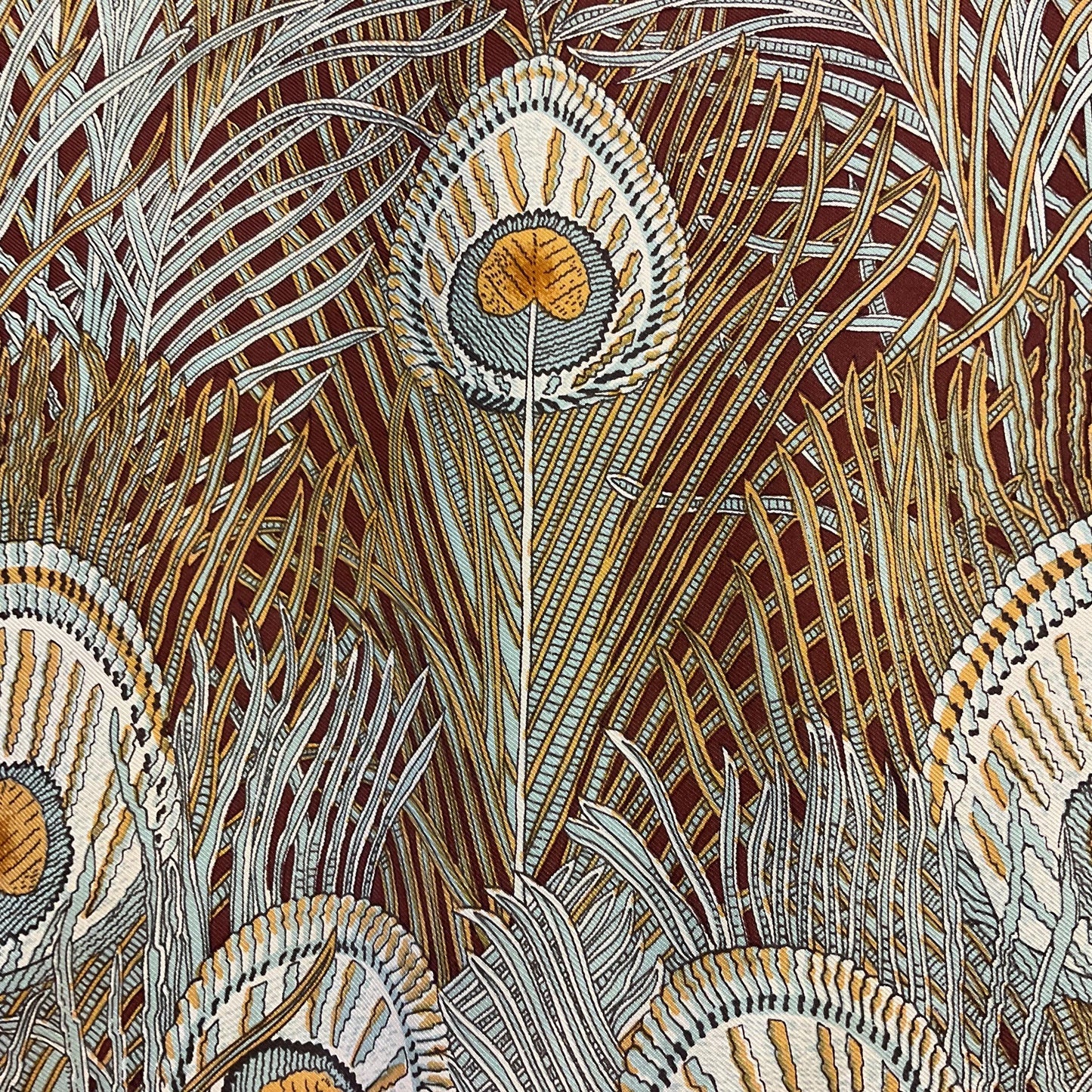 Vintage Liberty of London ‘Hera’ Peacock Feather Print Large Pure Silk Scarf, Shades of brown and gold