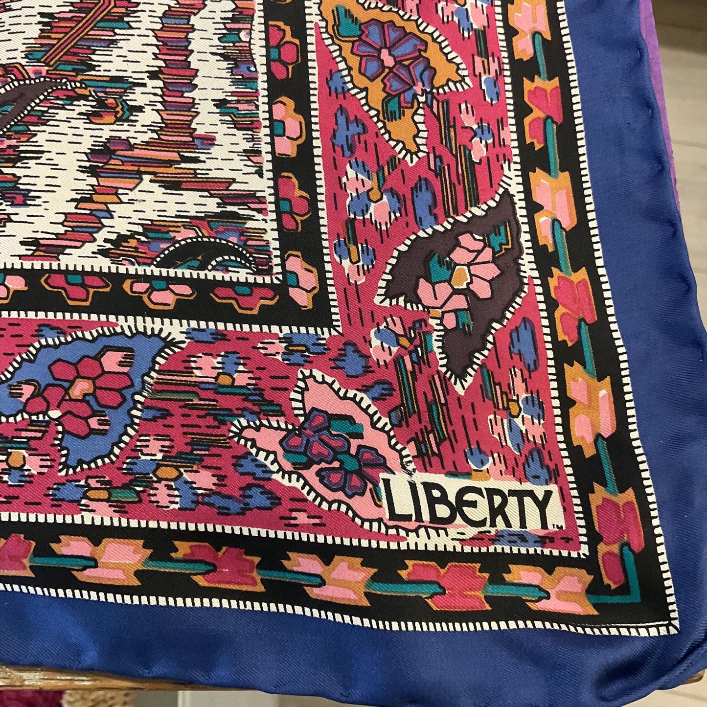 Vintage Liberty of London Pure Silk Scarf, Moorish Abstract Floral Print, hand rolled hem