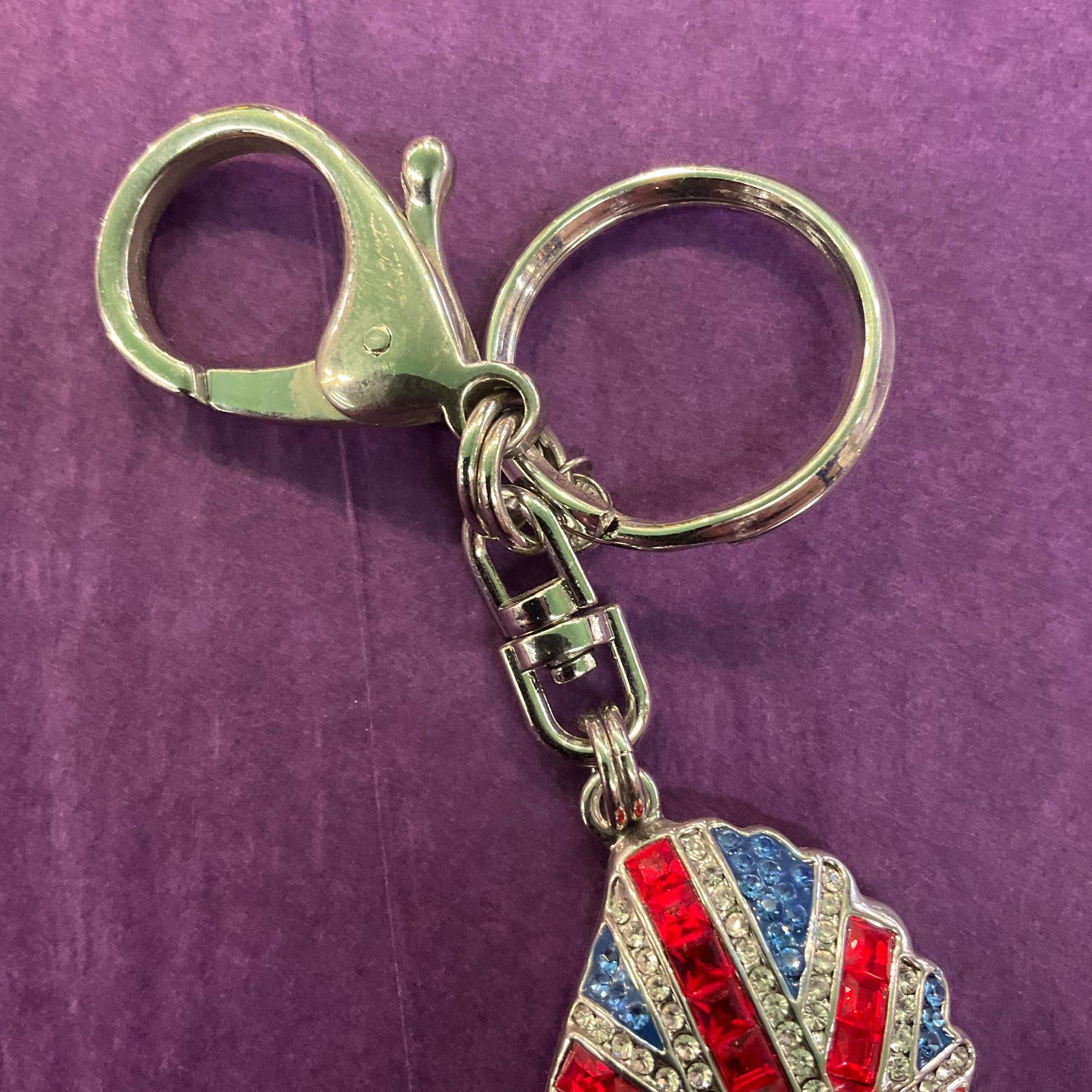 Vintage Butler and Wilson Crystal Union Jack Angel Wing Handbag Charm/ Keychain , silver tone with red , silver and blue rhinestones.