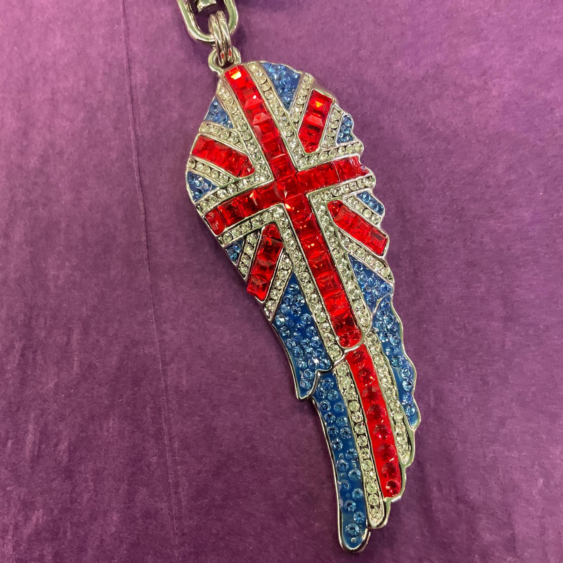 Vintage Butler and Wilson Crystal Union Jack Angel Wing Handbag Charm/ Keychain , silver tone with red , silver and blue rhinestones.