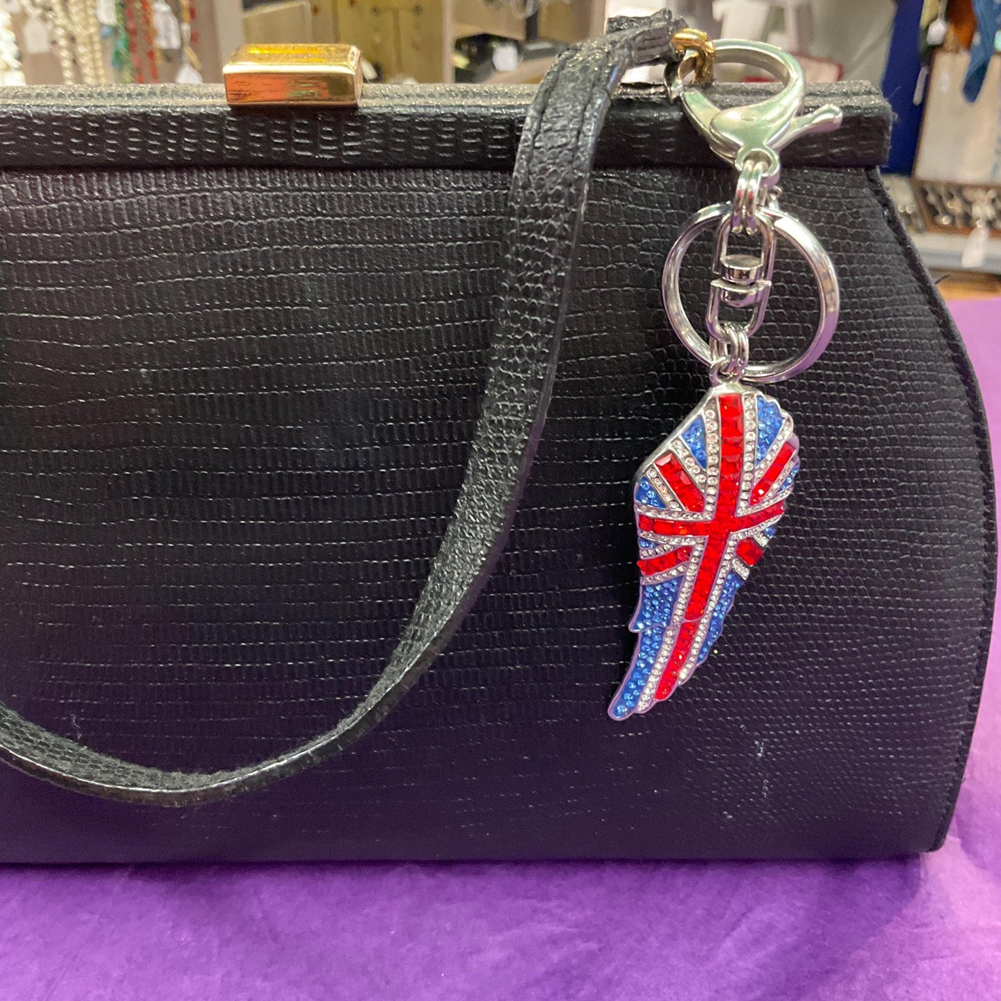 Vintage Butler and Wilson Crystal Union Jack Angel Wing Handbag Charm/ Keychain , silver tone with red , silver and blue rhinestones.