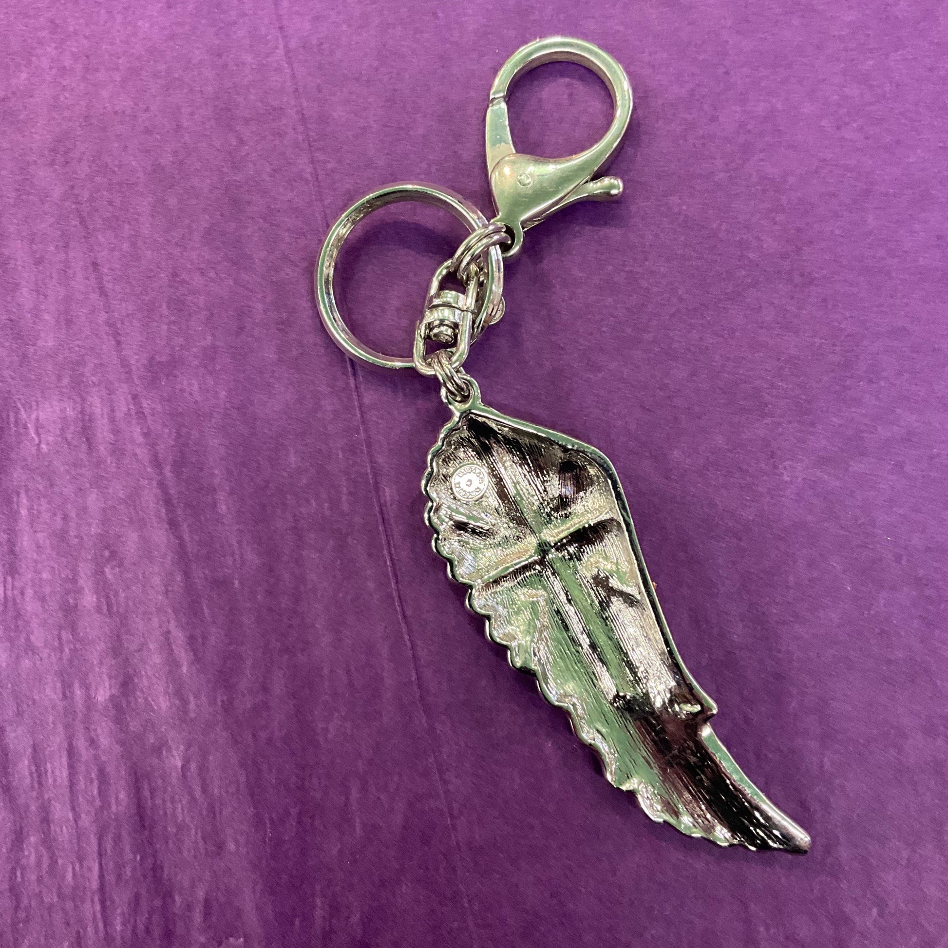 Vintage Butler and Wilson Crystal Union Jack Angel Wing Handbag Charm/ Keychain , silver tone with red , silver and blue rhinestones.