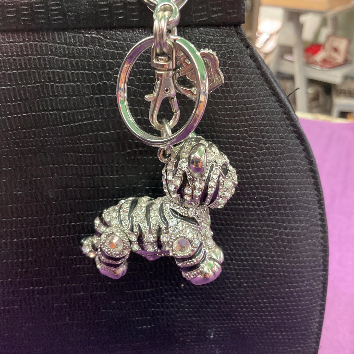 Vintage Butler and Wilson Crystal Tiger Cub Handbag Charm/Keychain, Silver tone with black enamel stripes