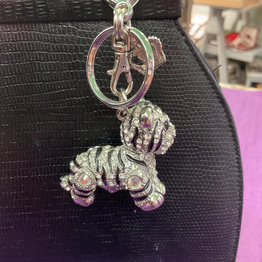 Vintage Butler and Wilson Crystal Tiger Cub Handbag Charm/Keychain, Silver tone with black enamel stripes