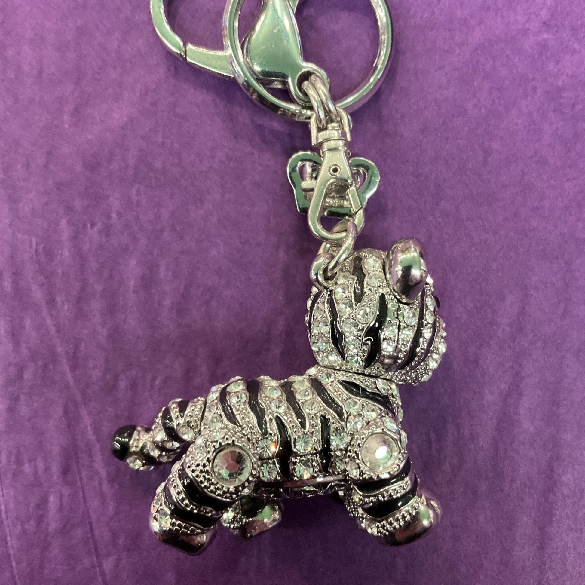 Vintage Butler and Wilson Crystal Tiger Cub Handbag Charm/Keychain, Silver tone with black enamel stripes