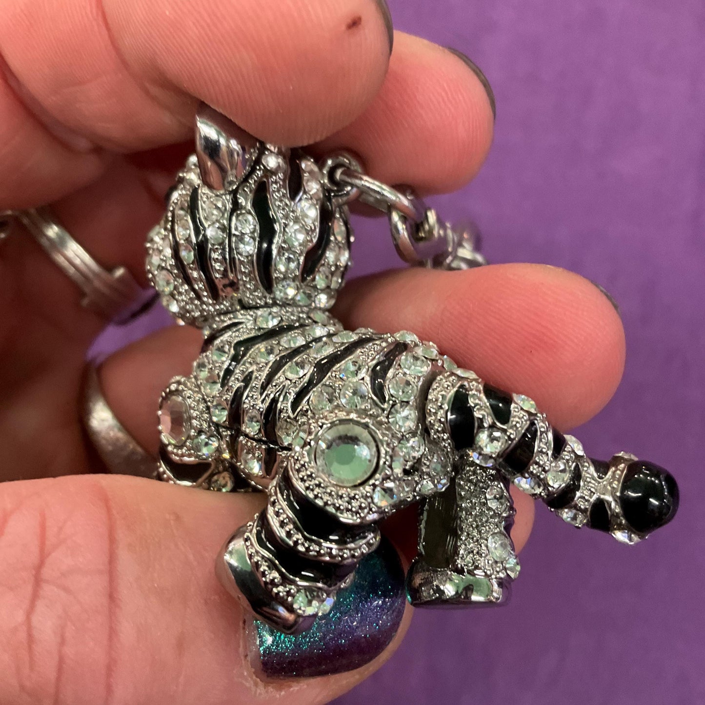 Vintage Butler and Wilson Crystal Tiger Cub Handbag Charm/Keychain, Silver tone with black enamel stripes