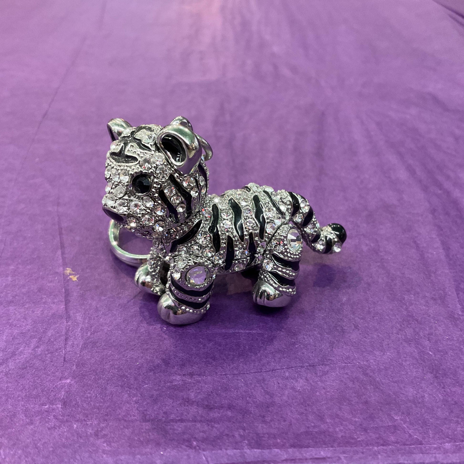 Vintage Butler and Wilson Crystal Tiger Cub Handbag Charm/Keychain, Silver tone with black enamel stripes