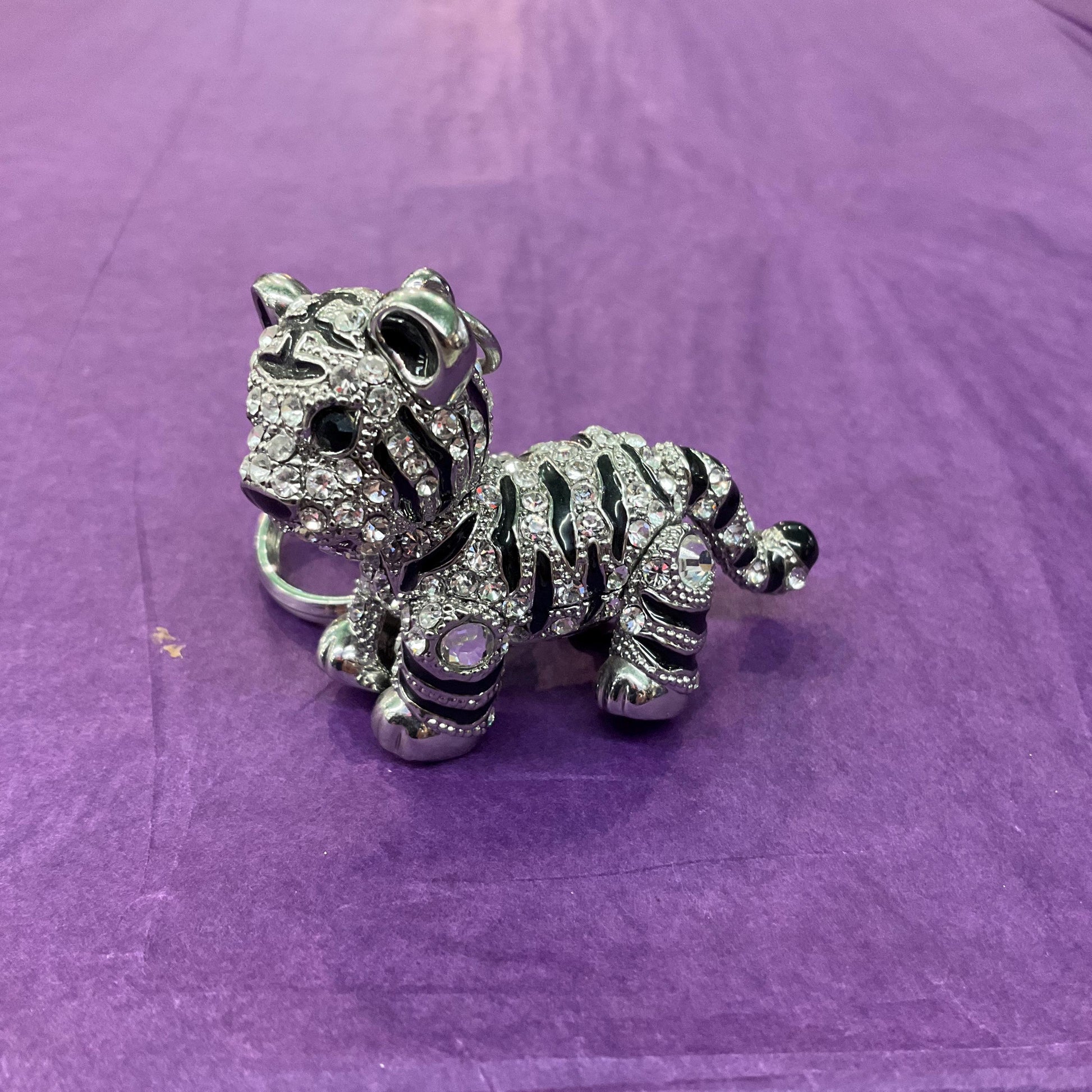 Vintage Butler and Wilson Crystal Tiger Cub Handbag Charm/Keychain, Silver tone with black enamel stripes