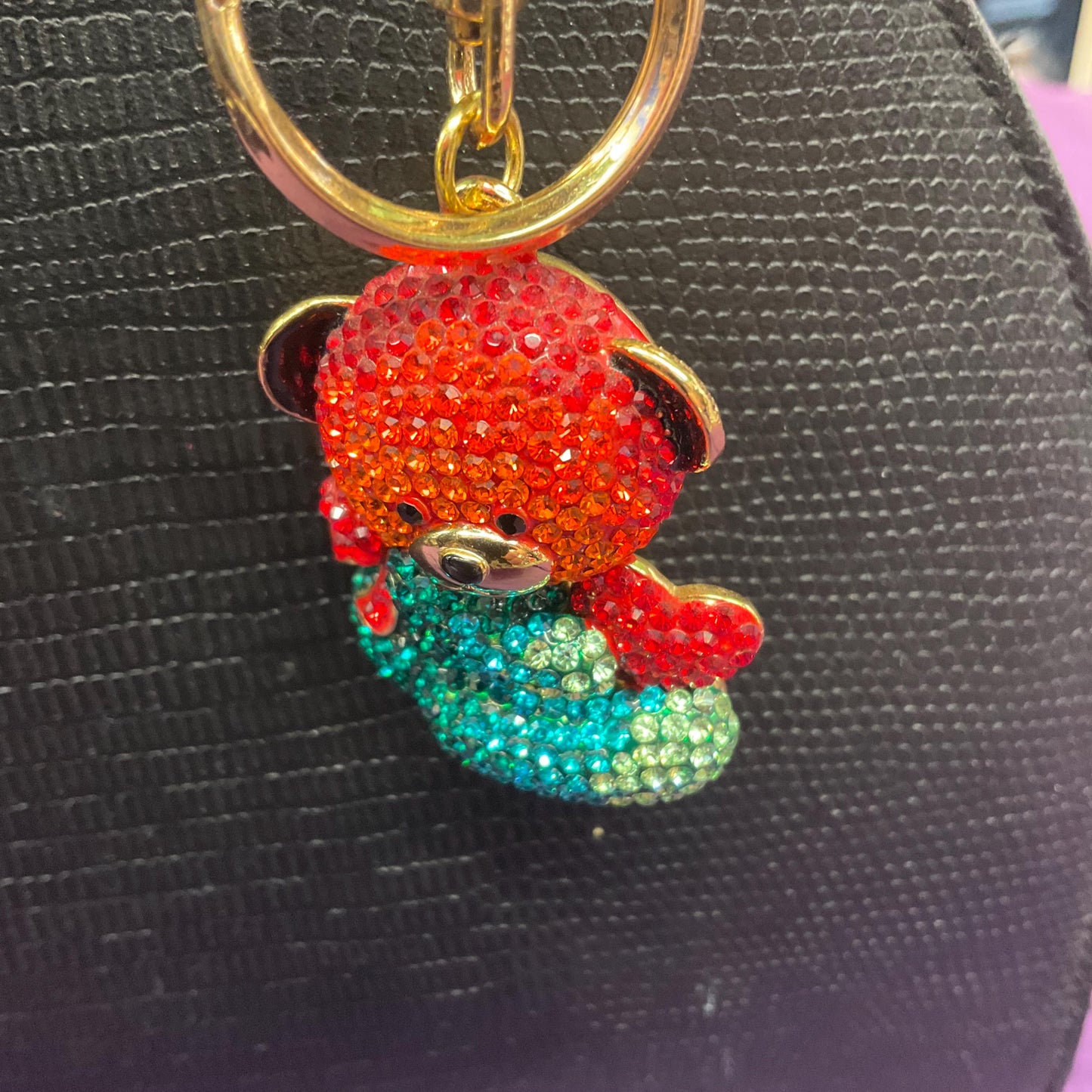 Vintage Butler and Wilson Rainbow Teddy Crystal Handbag Charm/ Keychain, Gold tone with multicoloured rhinestone crystals