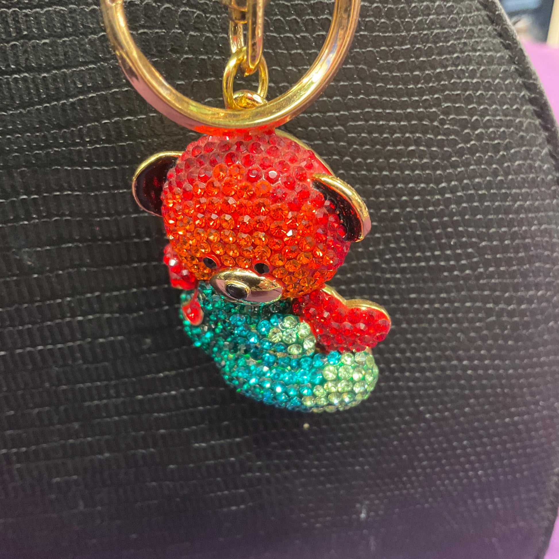 Vintage Butler and Wilson Rainbow Teddy Crystal Handbag Charm/ Keychain, Gold tone with multicoloured rhinestone crystals