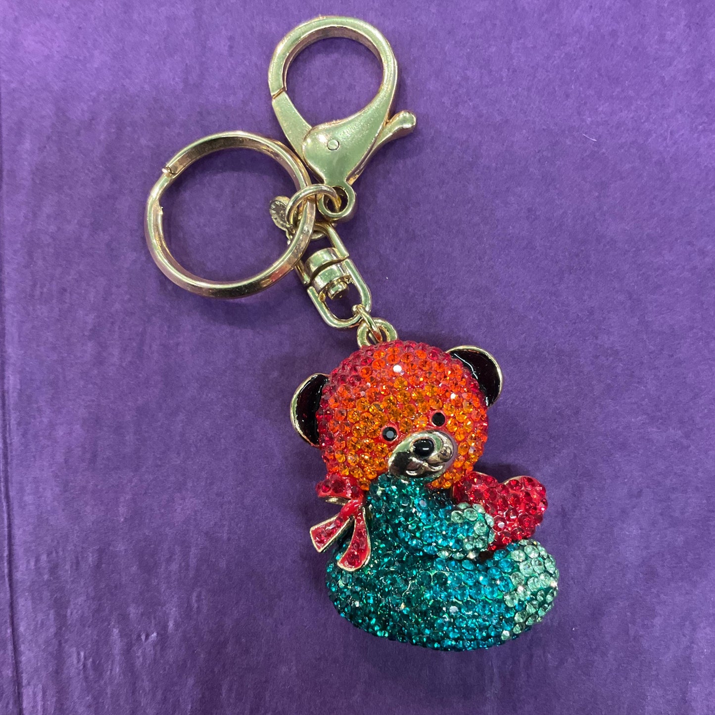 Vintage Butler and Wilson Rainbow Teddy Crystal Handbag Charm/ Keychain, Gold tone with multicoloured rhinestone crystals