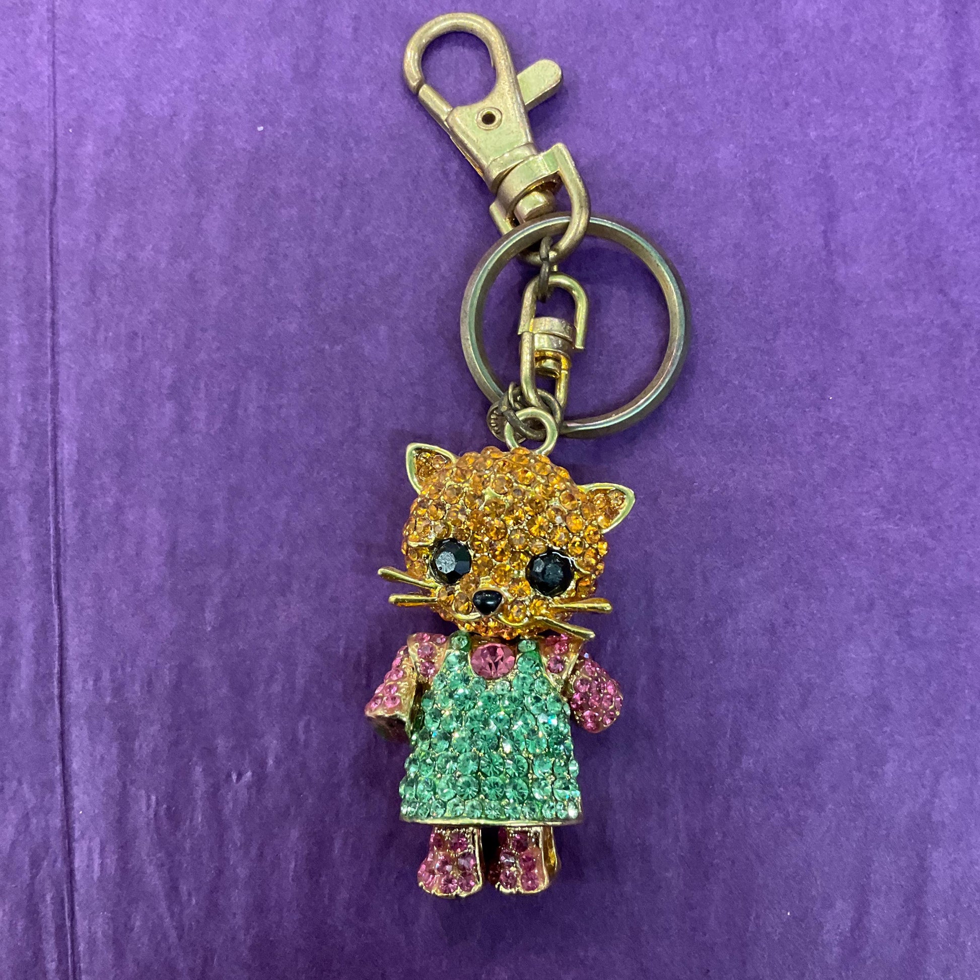 Vintage Butler and Wilson Crystal Kitty Handbag Charm/Keychain, Gold Tone with gold, green and pink rhinestone crystals