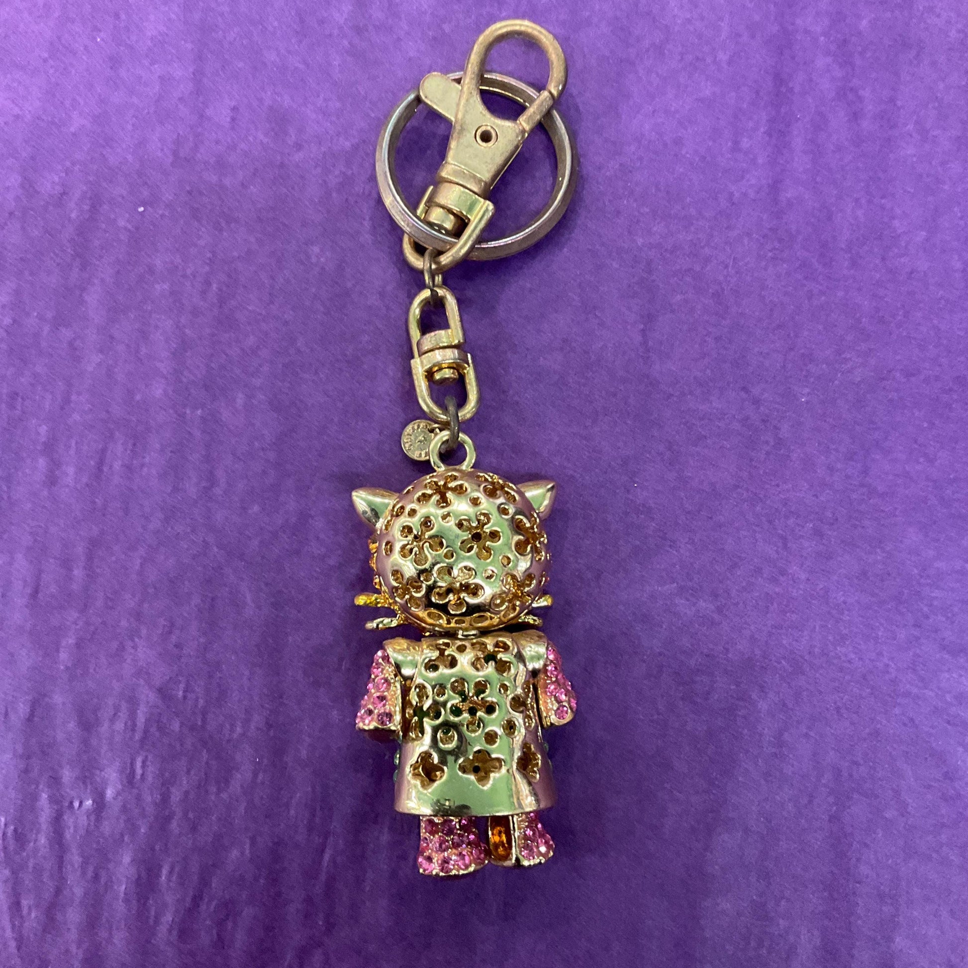 Vintage Butler and Wilson Crystal Kitty Handbag Charm/Keychain, Gold Tone with gold, green and pink rhinestone crystals