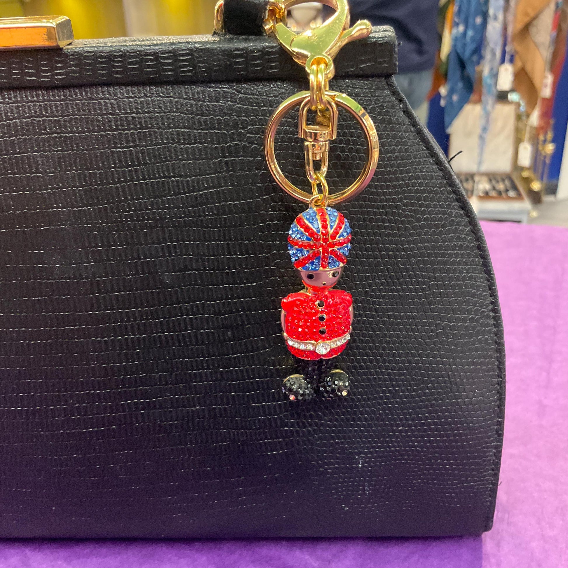 Vintage Butler and Wilson Palace Guard Crystal Handbag Charm/ Keychain, Gold tone with multicoloured rhinestone crystals