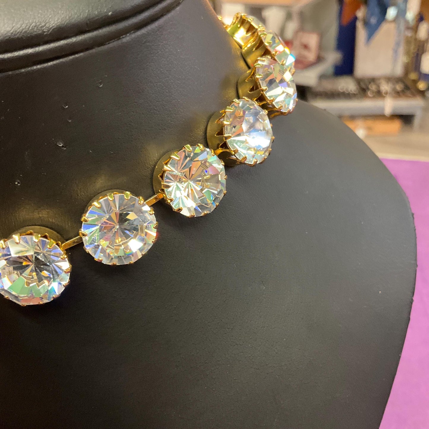 Vintage Butler and Wilson Silver Crystal Choker Style Statement Necklace, Gold tone with large faceted silver crystals