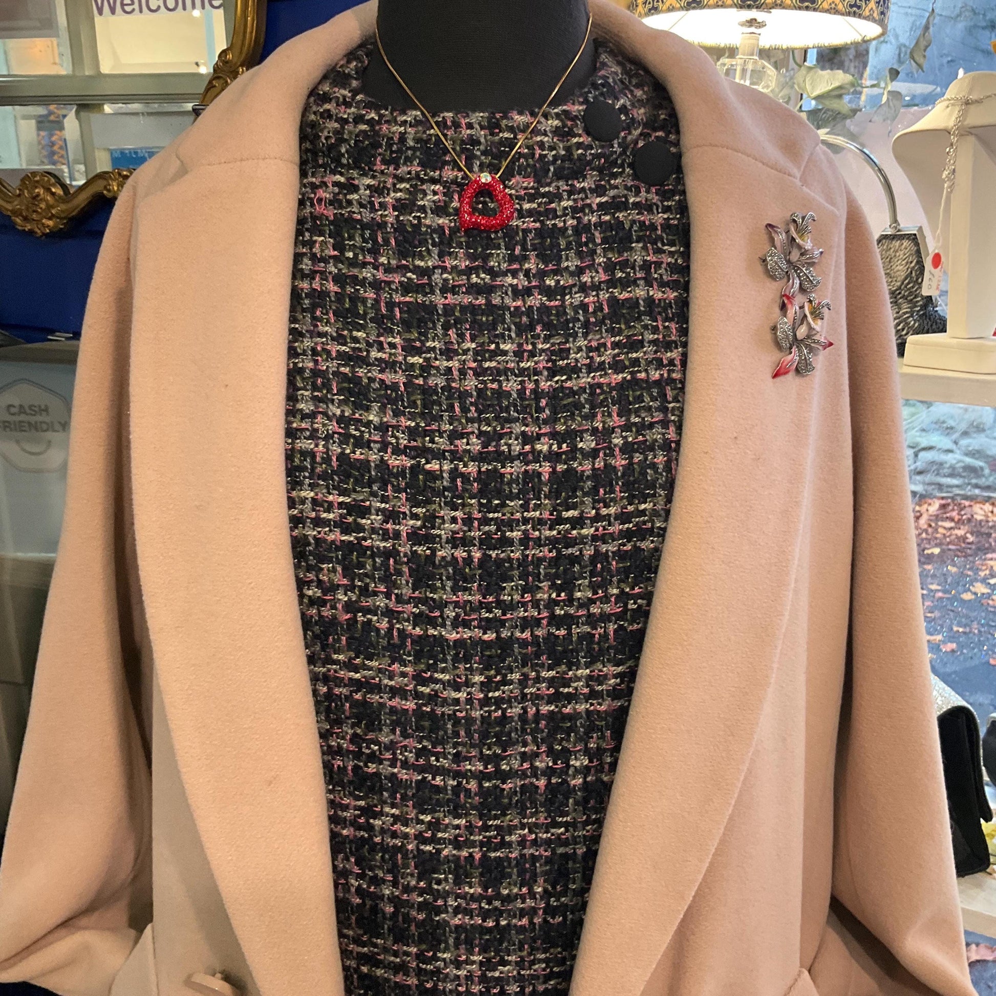 Vintage Butler and Wilson Red Crystal Asymetrical Heart Pendant, gold tone with red rhinestones and Aurora Borealis Crystal