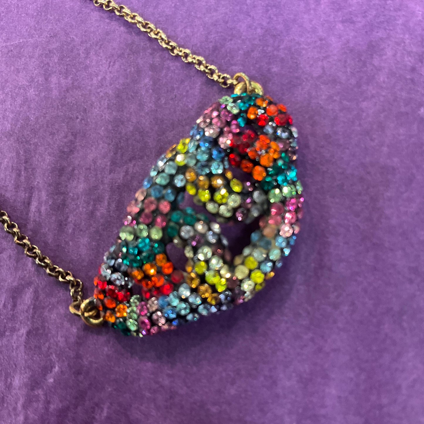 Vintage Butler and Wilson Rainbow Crystal Celtic Infinity Knot Pendant, Gold tone with Borealis multicoloured rhinestones