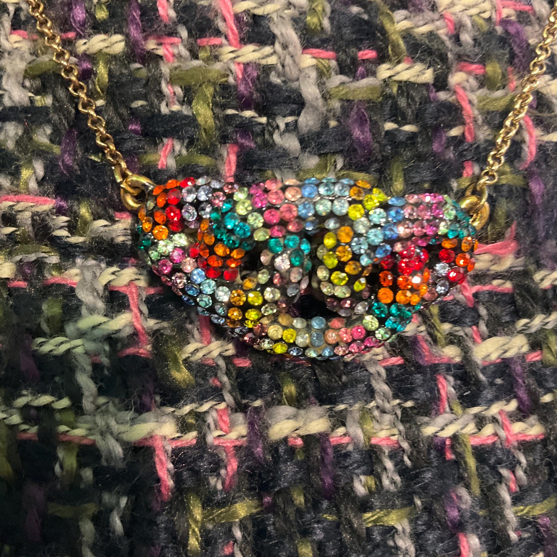 Vintage Butler and Wilson Rainbow Crystal Celtic Infinity Knot Pendant, Gold tone with Borealis multicoloured rhinestones