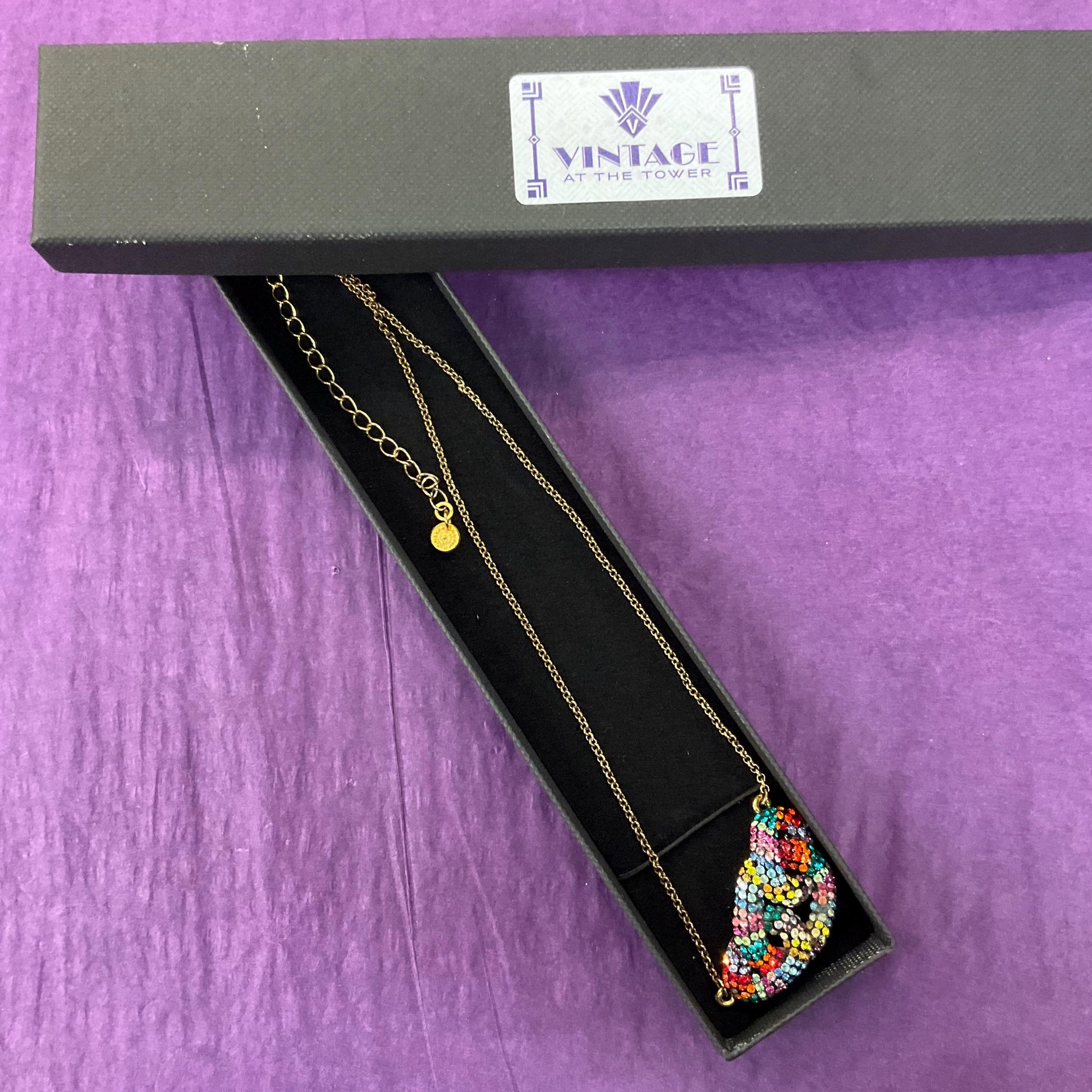 Vintage Butler and Wilson Rainbow Crystal Celtic Infinity Knot Pendant, Gold tone with Borealis multicoloured rhinestones