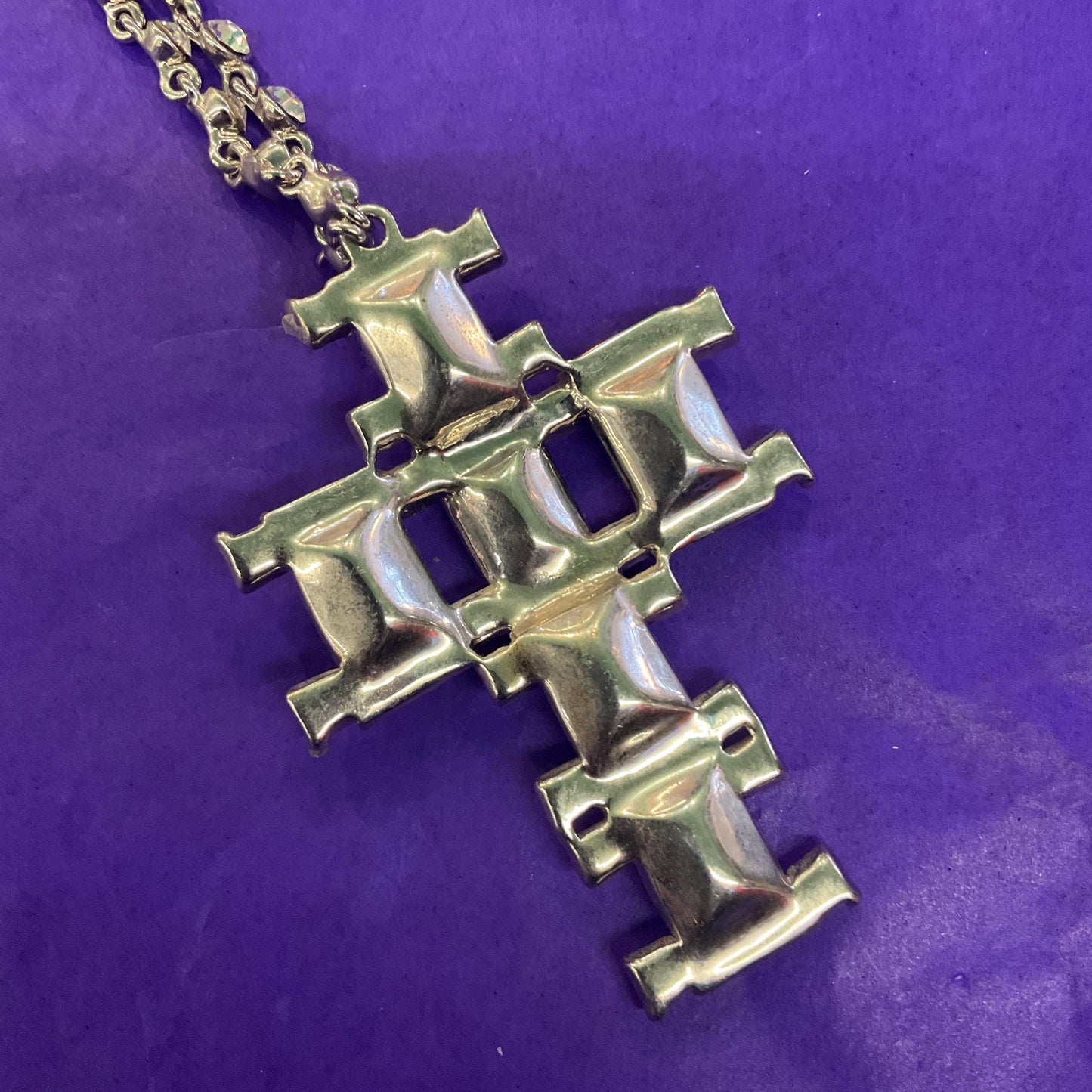 Vintage Butler and Wilson Statement Art Deco Crystal Cross Necklace. Silver tone metal with silver crystals and borealis rhinestones