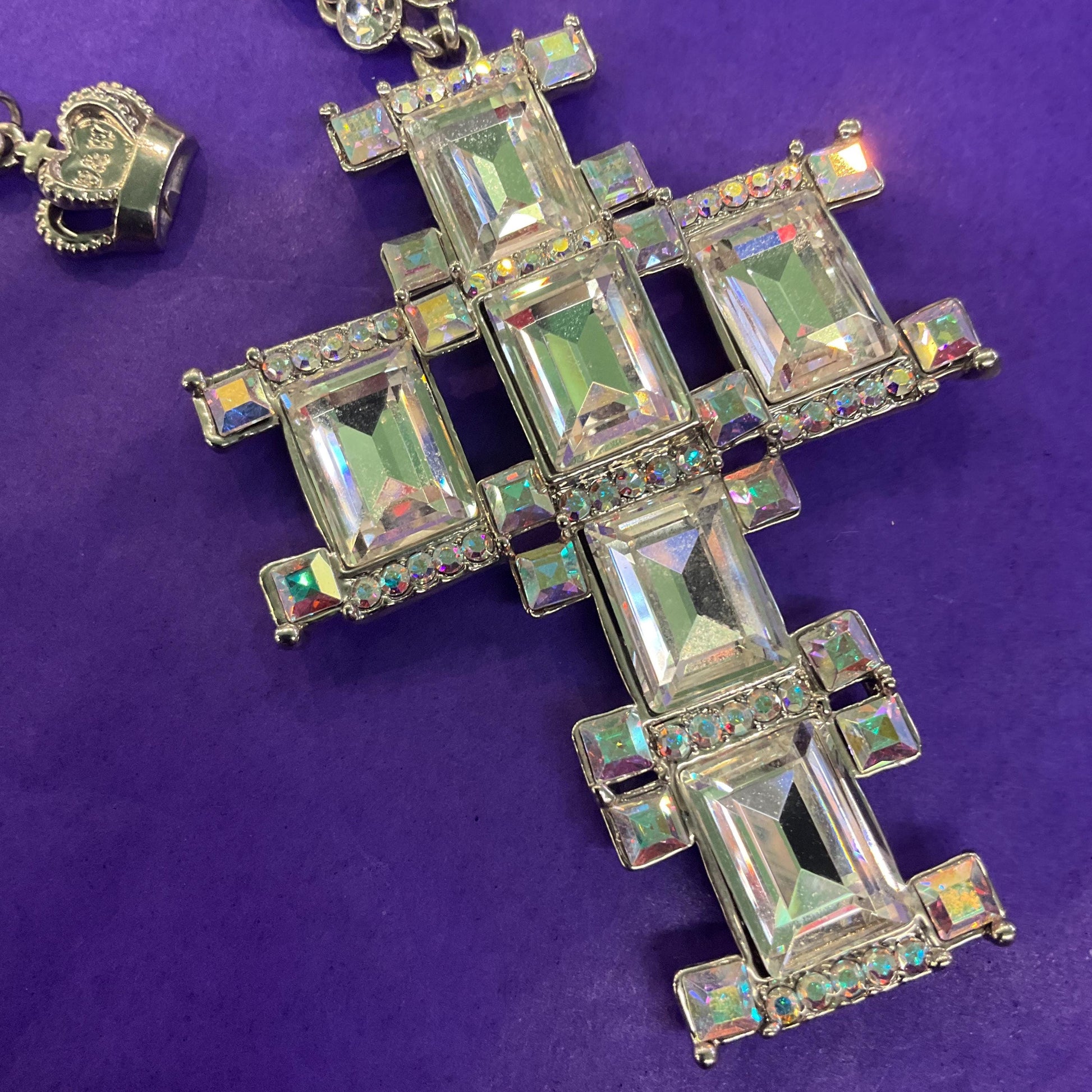 Vintage Butler and Wilson Statement Art Deco Crystal Cross Necklace. Silver tone metal with silver crystals and borealis rhinestones