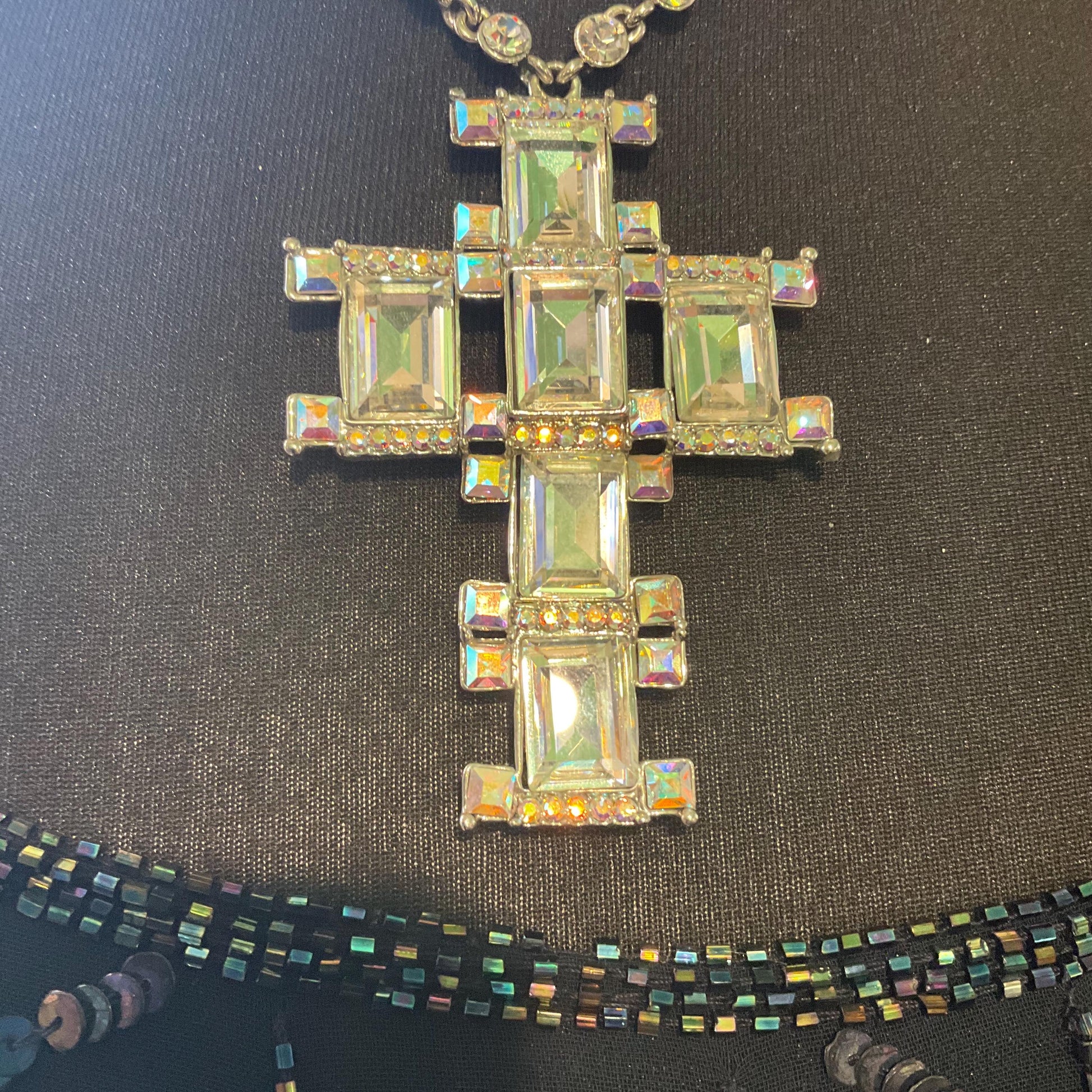 Vintage Butler and Wilson Statement Art Deco Crystal Cross Necklace. Silver tone metal with silver crystals and borealis rhinestones
