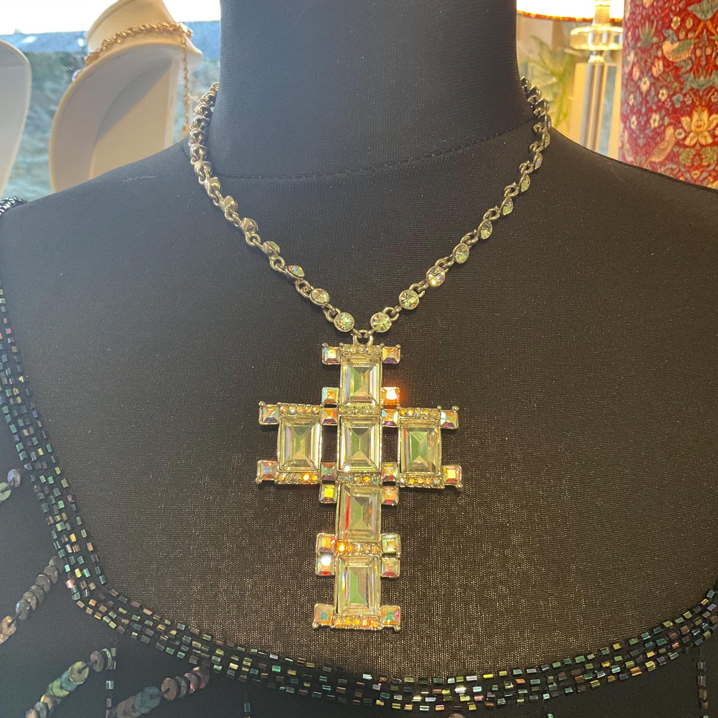 Vintage Butler and Wilson Statement Art Deco Crystal Cross Necklace. Silver tone metal with silver crystals and borealis rhinestones