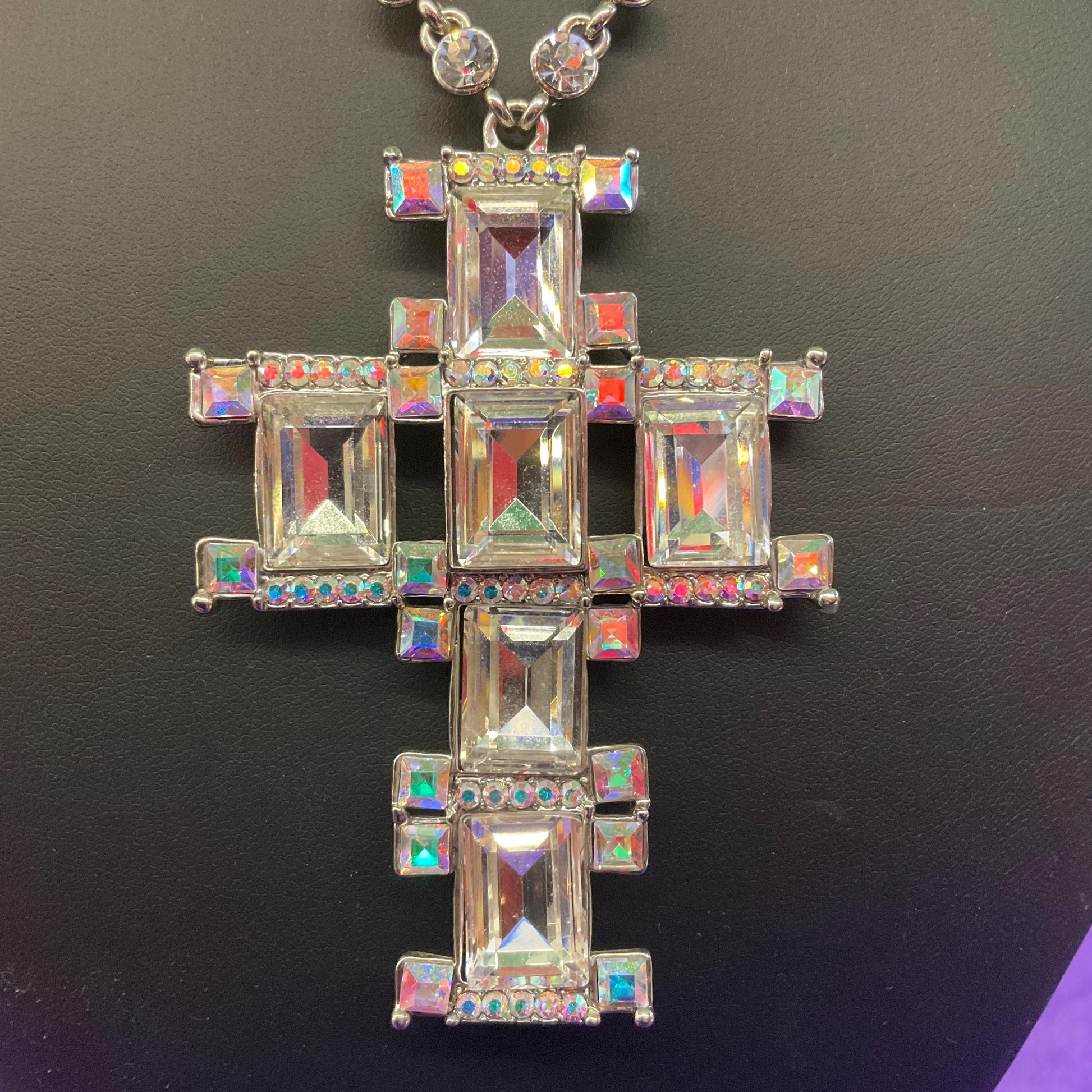Vintage Butler and Wilson Statement Art Deco Crystal Cross Necklace. Silver tone metal with silver crystals and borealis rhinestones