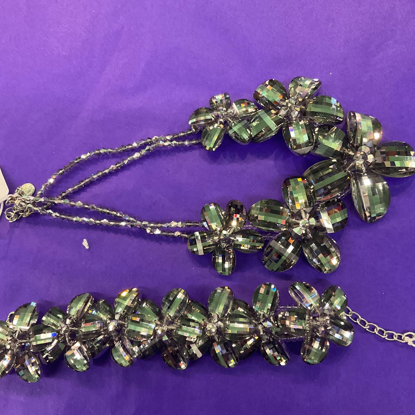 Vintage Butler and Wilson Statement Pewter Crystal Flower Garland Necklace, graduated flowers with faceted crystal petals