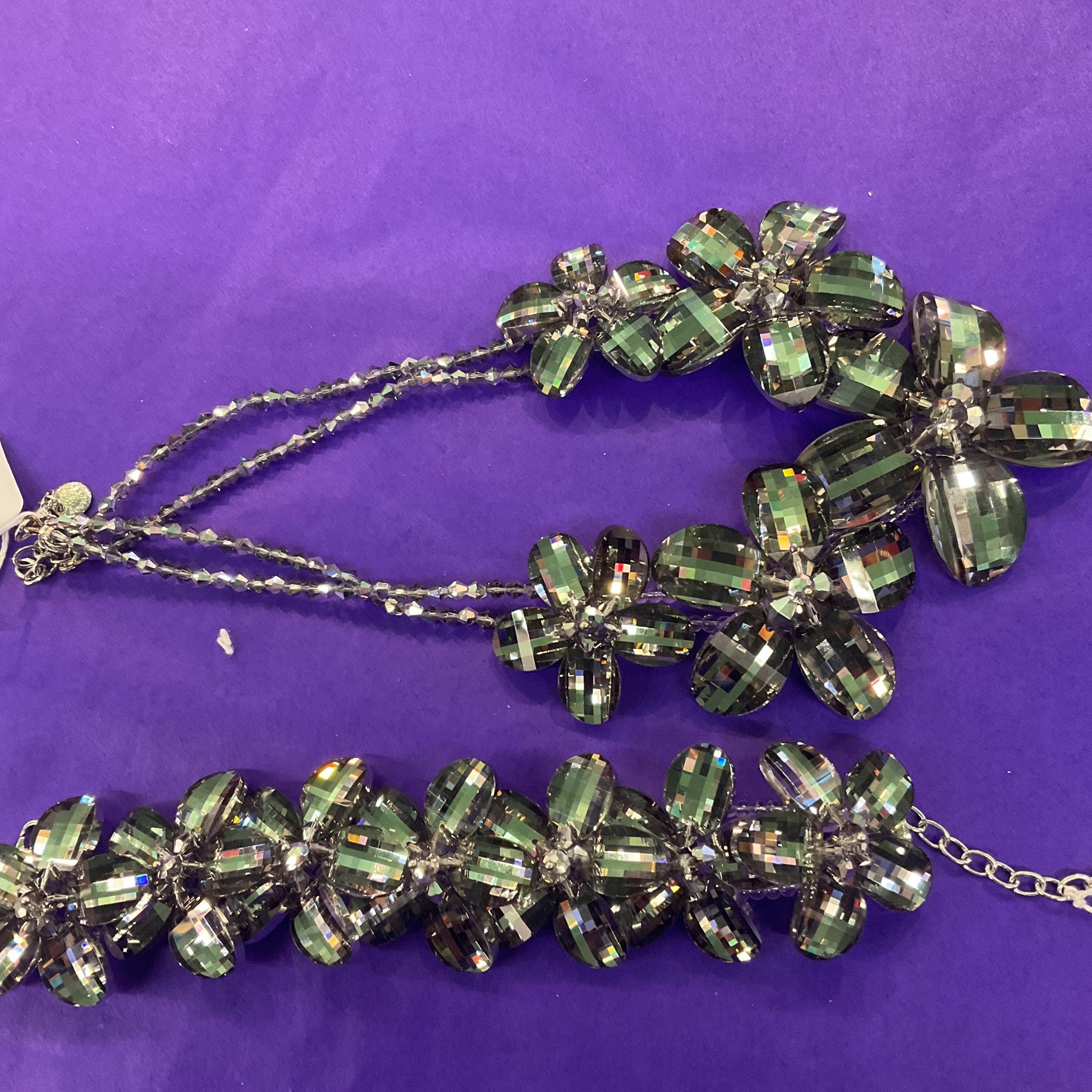 Vintage Butler and Wilson Statement Pewter Crystal Flower Garland Necklace, graduated flowers with faceted crystal petals