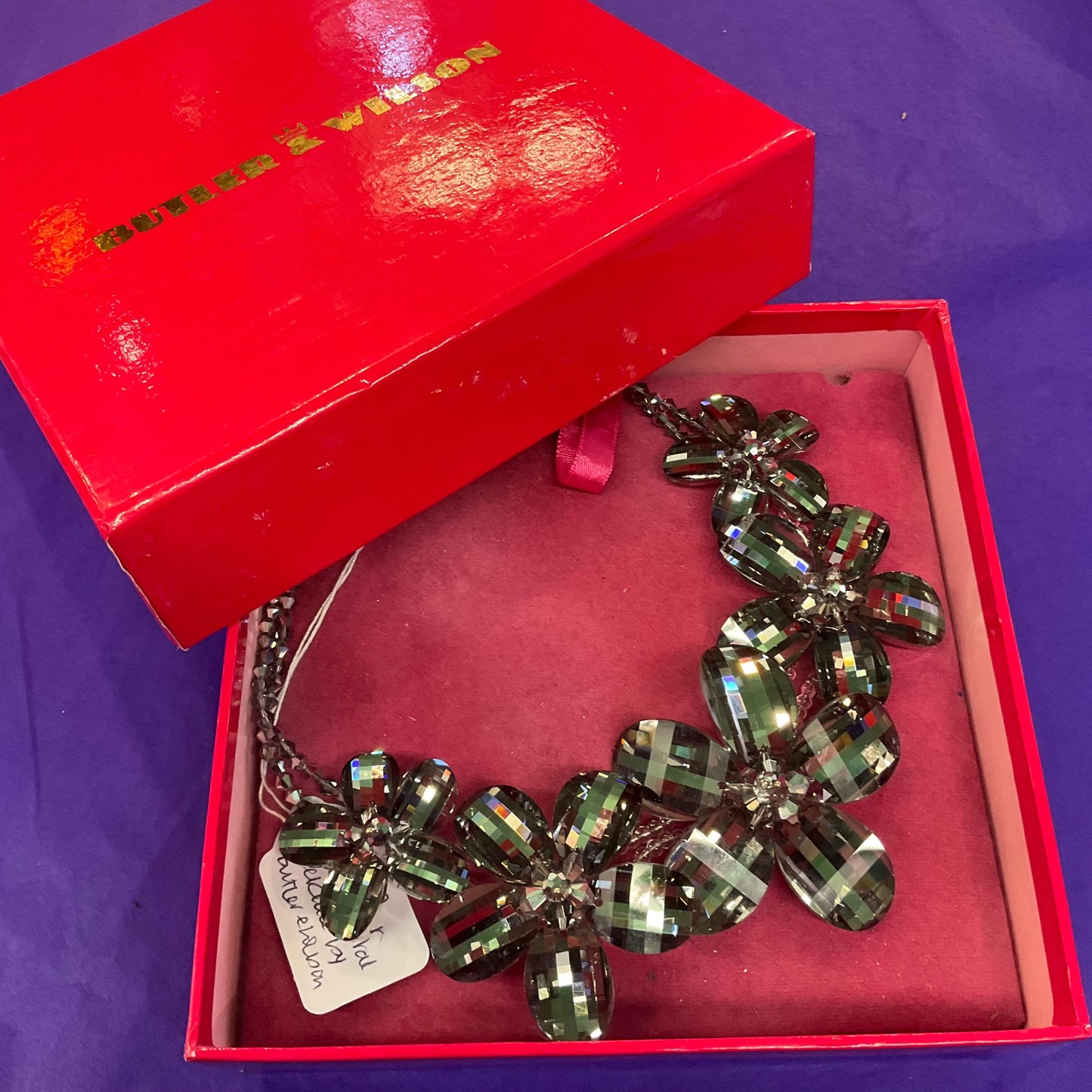 Vintage Butler and Wilson Statement Pewter Crystal Flower Garland Necklace, graduated flowers with faceted crystal petals